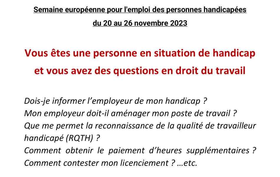 ​📣 Consultations gratuites en droit du travail dédiées aux personnes en situation de handicap le 24 novembre 2023